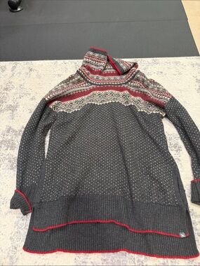 Eddie Bauer Charcoal Fair Isle Cowl Tunic with Red Accents